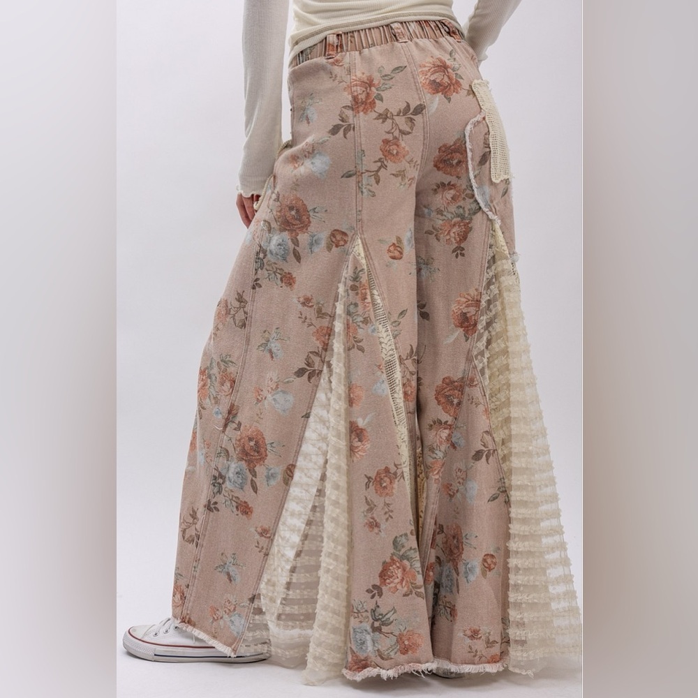 NWT Floral Print Boho Patchwork Lace Panel Ultra Wide Leg Flare Bohemian Pants - Picture 12 of 14